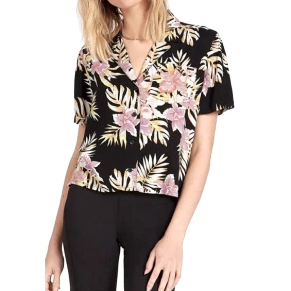 Volcom NEW Gen Wow Short Sleeve Top Black Floral Print, Size XL, NWT